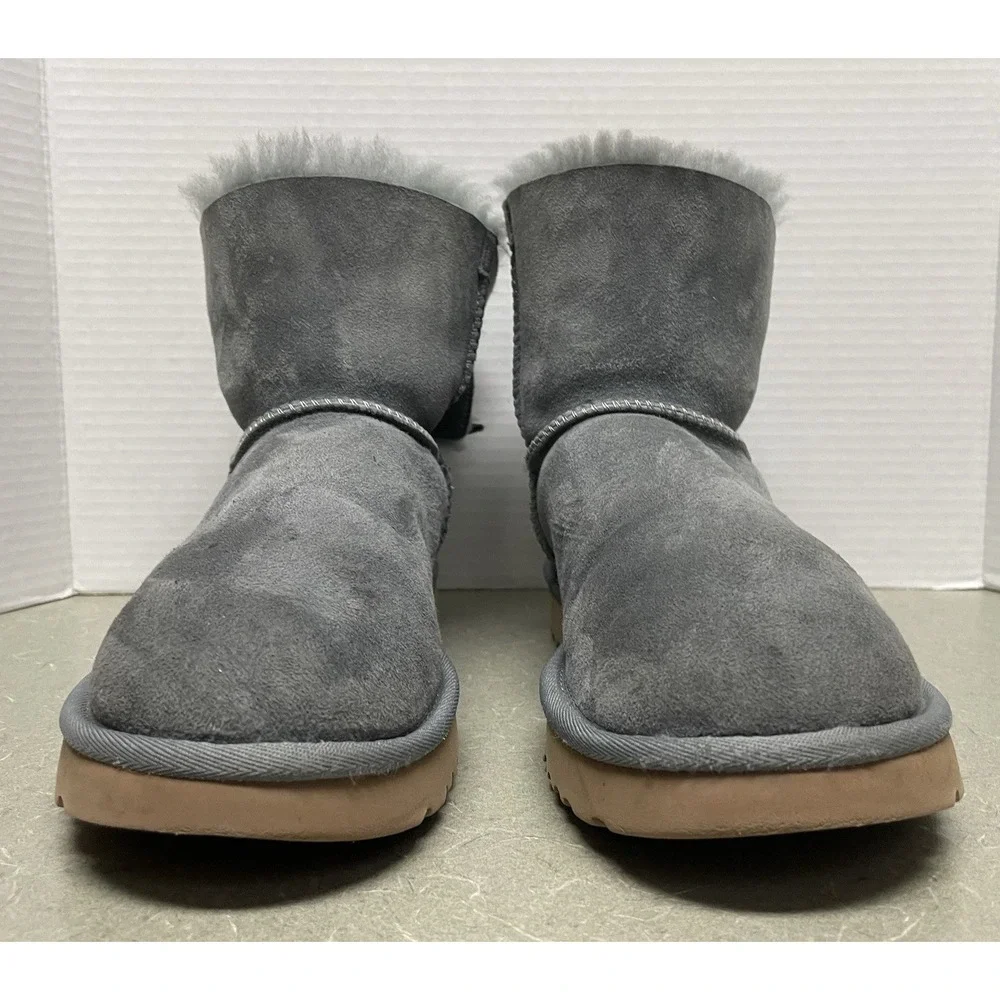 UGG Classic Double Bow Mini‎ Geyser Water Resistant Boot Gray Shearling Lined 7